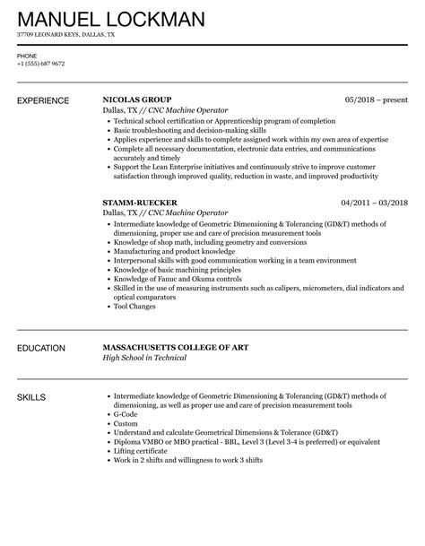 entry level cnc operator resume